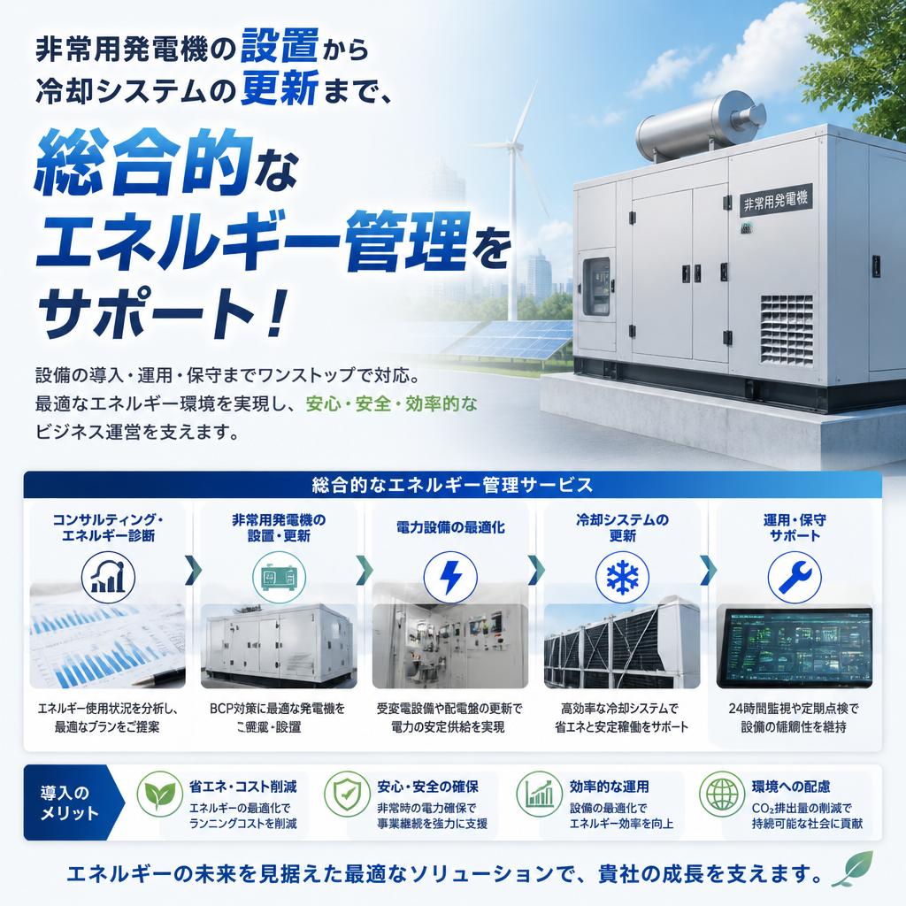 非常用発電機の設置から冷却システムの更新まで、総合的なエネルギー管理をサポート！