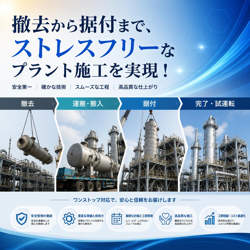撤去から据付まで、ストレスフリーなプラント施工を実現！